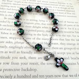 Cloisonné Chaplet Rosary Black Enamel Prayer Beads Cross Pink Floral Bracelet